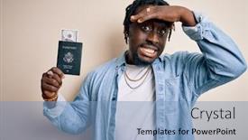  Presentation with passport travel - Presentation design enhanced with young-african-american-tourist-man background and a teal colored foreground