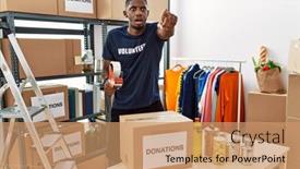  Presentation with african charity - Presentation theme enhanced with young-african-american-volunteer-man background and a coral colored foreground