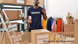  Presentation with african charity - Slides enhanced with young-african-american-volunteer-man background and a coral colored foreground