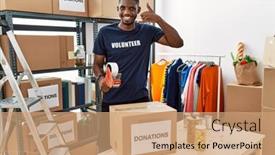  Presentation with african charity - Slides with young-african-american-volunteer-man background and a coral colored foreground