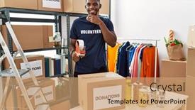  Presentation with african charity - Slide set with young-african-american-volunteer-man background and a coral colored foreground