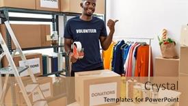  Presentation with african charity - Presentation theme having young-african-american-volunteer-man background and a coral colored foreground