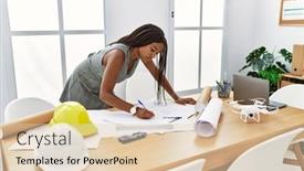  Presentation with architecture plans - PPT theme with young-african-american-woman-architect background and a lemonade colored foreground