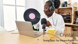  Presentation with broadcaster - Slide set having young-african-american-woman-broadcaster background and a coral colored foreground