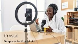  Presentation with broadcaster - Slide set with young-african-american-woman-broadcaster background and a lemonade colored foreground