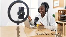  Presentation with broadcaster - Presentation theme consisting of young-african-american-woman-broadcaster background and a  colored foreground
