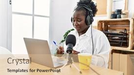  Presentation with broadcaster - Presentation design consisting of young-african-american-woman-broadcaster background and a lemonade colored foreground