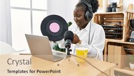  Presentation with broadcaster - Slide set enhanced with young-african-american-woman-broadcaster background and a lemonade colored foreground