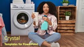  Presentation with room cleaning - Slide deck with young-african-american-woman-cleaning background and a tawny brown colored foreground