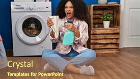  Presentation with room cleaning - PPT theme having young-african-american-woman-cleaning background and a tawny brown colored foreground