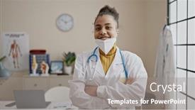  Presentation with medical smiling doctor - Theme featuring young-african-american-woman-doctor background and a gray colored foreground