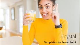  Presentation with african american woman question - Cool new presentation theme with young african american woman drinking a glass of fresh orange juice surprised with an idea or question pointing finger with happy face number one backdrop and a yellow colored foreground