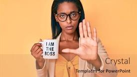  Presentation with stop - PPT theme featuring young-african-american-woman-drinking background and a coral colored foreground