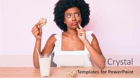  Presentation with african american woman question - Cool new slide set with young-african-american-woman-drinking backdrop and a coral colored foreground