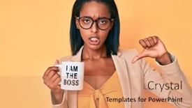  Presentation with coffe - PPT theme featuring young-african-american-woman-drinking background and a coral colored foreground