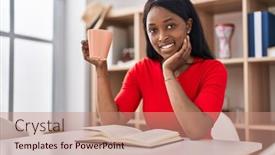  Presentation with coffee book - Presentation theme featuring young-african-american-woman-drinking background and a  colored foreground