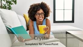  Presentation with coffee book - PPT theme having young-african-american-woman-drinking background and a mint green colored foreground