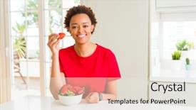  Presentation with eating - Slide deck having young african american woman eating background and a light gray colored foreground