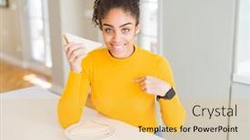  Presentation with healthy snack - Presentation design with young african american woman eating a sandwich as healthy snack with surprise face pointing finger to himself background and a yellow colored foreground
