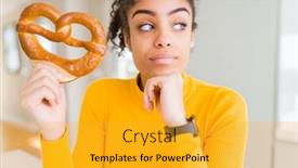  Presentation with salty - PPT theme with young african american woman eating german salty pastry pretzel serious face thinking about question very confused idea background and a gold colored foreground