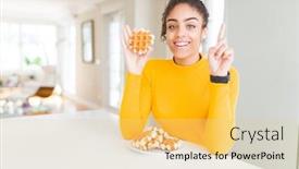  Presentation with african american woman question - Audience pleasing presentation theme consisting of young african american woman eating waffle belgiam pastry surprised with an idea or question pointing finger with happy face number one backdrop and a blonde colored foreground