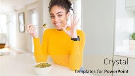  Presentation with african american in computer - Audience pleasing presentation design consisting of young african american woman eating healthy green vegatables doing ok sign with fingers excellent symbol backdrop and a yellow colored foreground