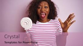  Presentation with sweet candy - Presentation consisting of young african american woman eating sweet candy standing over isolated pink background very happy and excited winner expression celebrating victory screaming with big smile and raised hands background and a coral colored foreground