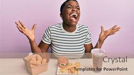 Presentation with burger fries - Presentation consisting of young-african-american-woman-eating background and a coral colored foreground