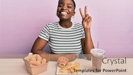  Presentation with burger fries - Presentation design featuring young-african-american-woman-eating background and a coral colored foreground