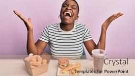  Presentation with burger fries - Audience pleasing theme consisting of young-african-american-woman-eating backdrop and a coral colored foreground