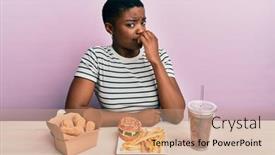  Presentation with burger fries - Slide deck featuring young-african-american-woman-eating background and a coral colored foreground