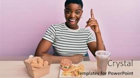  Presentation with burger fries - Beautiful theme featuring young-african-american-woman-eating backdrop and a coral colored foreground