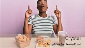  Presentation with burger fries - PPT theme enhanced with young-african-american-woman-eating background and a coral colored foreground
