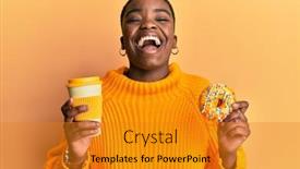  Presentation with eating - PPT theme featuring young-african-american-woman-eating background and a gold colored foreground