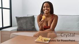  Presentation with fried chicken - Presentation enhanced with young-african-american-woman-eating background and a coral colored foreground