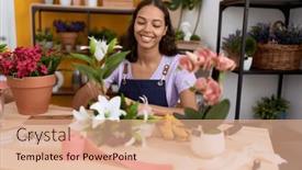  Presentation with flower woman - PPT theme with young-african-american-woman-florist background and a coral colored foreground