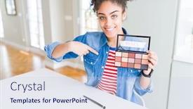  Presentation with cosmetics - Amazing slide set having young african american woman holding shadows cosmetics palette with surprise face pointing finger to himself backdrop and a sky blue colored foreground