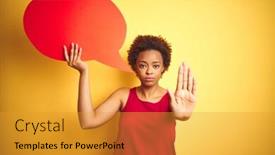  Presentation with bubble - Presentation design consisting of young african american woman holding speech bubble over yellow isolated background with open hand doing stop sign with serious and confident expression defense gesture background and a gold colored foreground