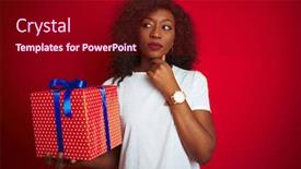  Presentation with african american woman question - Beautiful PPT theme featuring gift standing over isolated red backdrop and a crimson colored foreground