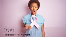  Presentation with cancer - Presentation design consisting of young african american woman holding brest cancer ribbon over isolated pink background scared in shock with a surprise face afraid and excited with fear expression background and a coral colored foreground