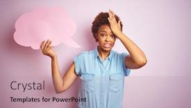  Presentation with shame - Amazing PPT theme having young-african-american-woman-holding backdrop and a coral colored foreground