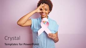  Presentation with pink ribbon - PPT theme with young-african-american-woman-holding background and a coral colored foreground