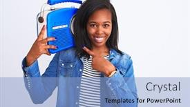  Presentation with retro radio - Theme consisting of young-african-american-woman-holding background and a light blue colored foreground
