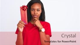  Presentation with african american woman question - Cool new slides with young-african-american-woman-holding backdrop and a crimson colored foreground