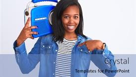  Presentation with vintage radio - Colorful presentation design enhanced with young-african-american-woman-holding backdrop and a teal colored foreground