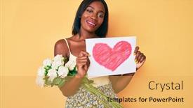  Presentation with heart flowers - Cool new presentation theme with young-african-american-woman-holding backdrop and a yellow colored foreground