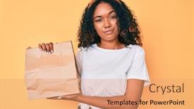  Presentation with paper bag - Amazing PPT layouts having young-african-american-woman-holding backdrop and a coral colored foreground