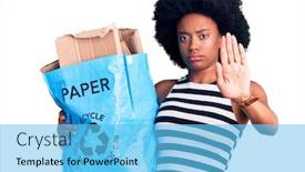  Presentation with recycling paper - Slides enhanced with young-african-american-woman-holding background and a light blue colored foreground