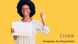  Presentation with african american woman question - Colorful presentation theme enhanced with young-african-american-woman-holding backdrop and a yellow colored foreground
