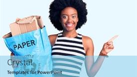  Presentation with recycling paper - PPT theme featuring young-african-american-woman-holding background and a light blue colored foreground
